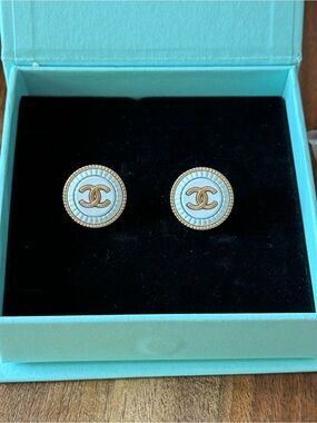 CHANEL Gold and White CC Button Earrings